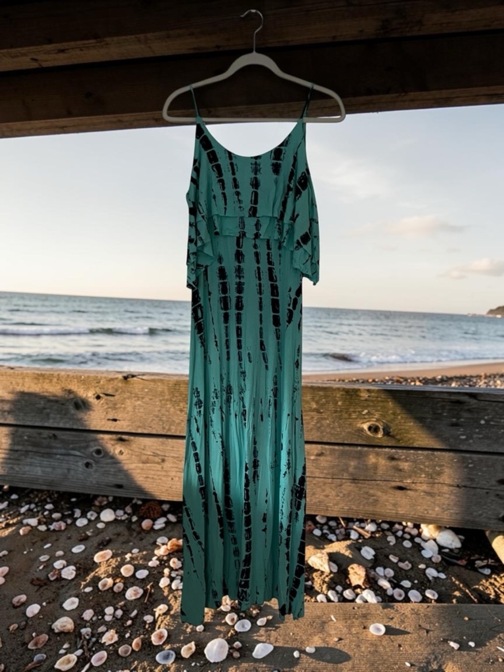 Teal and Black Tie-Dye Summer Maxi Dress Beach Vacation One Size